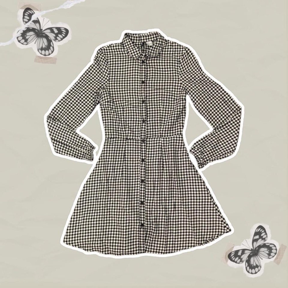 H&M Plaid Black and White Gingham Puffed Button Down Long-sleeve Mini Dress